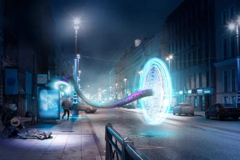 Fantastic plot - space-time portal on a city street Stock Photos