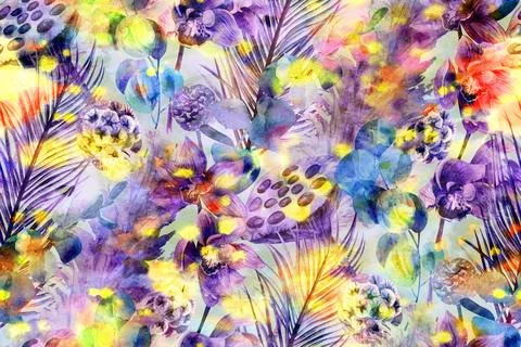 Fantastic seamless pattern with dried flowers in the glow of the stars Stock Illustration