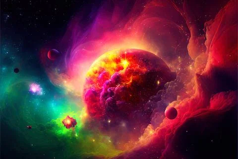 Fantastic space background with planets and stars in super vibrant colors and Stock Illustration