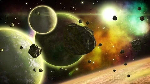 Fantastic space view with planets and asteroids. Science fiction art. Loop Stock Footage 101651316