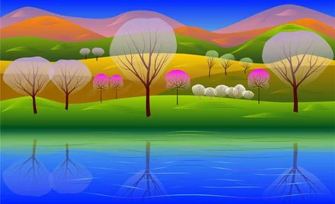 Fantastic spring landscape. River. Blooming trees. Hills. The mountains. Stock Illustration