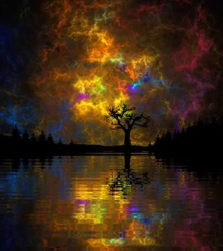 Fantastic sunset plasma sky with reflection of trees on the water Stock Illustration