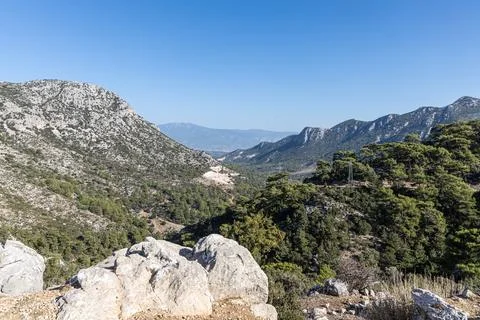 Fantastic view opens from the cliffs to the mountains Stock Photos
