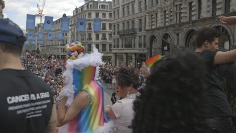 FANTASTIC VIEW FROM TOP OF BUS WITH DRAG QUEENS AT LONDON GAY PRIDE Stock Footage 130744960