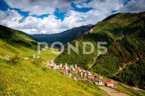 Fantastic view of the village Adishi. Famous tourist attraction. Location pla Stock Photos