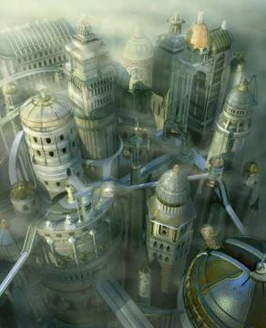Fantasy 3D city from past to future Stock Illustration
