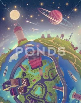 Fantasy 3d Earth landscape painting with Moon, Saturn and stars in space, sea Stock Illustrationen