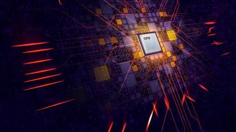 A fantasy 3d illustration of a square CPU tablet with diagonal and straight e Stock Illustration