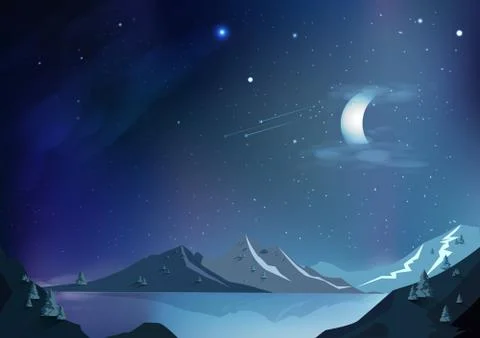 Fantasy abstract background, magic night scene with moon, falling stars Stock Illustration