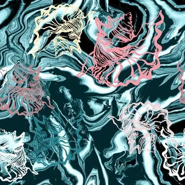 Fantasy abstract seamless pattern with Fluid Art and seashell in emerald tones. Illustrazione stock