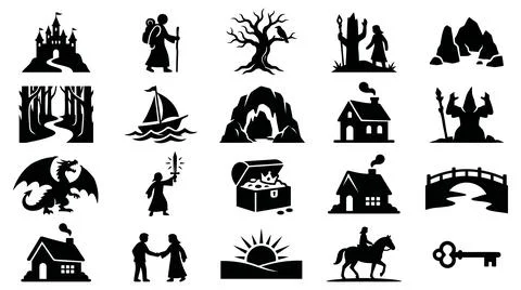 Fantasy adventure elements collection with displays comprehensive collection Stock Illustration