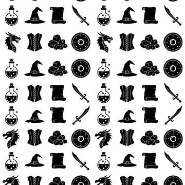 Fantasy adventure seamless pattern featuring black silhouette icons of poti.. Stock Illustration
