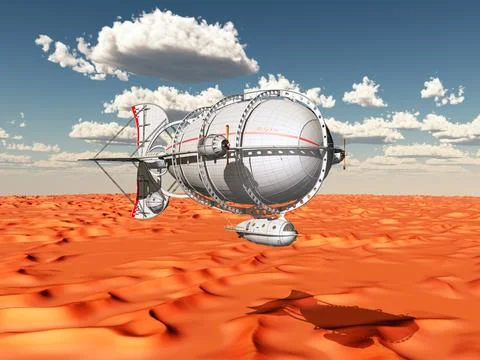 Fantasy airship over a reddish sandy desert Stock Illustration