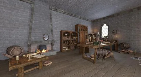 Fantasy alchemy laboratory 3d illustration Stock Illustration