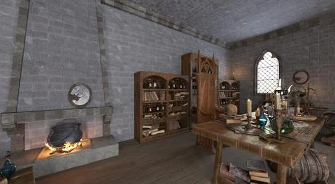 Fantasy alchemy laboratory 3d illustration Stock Illustration