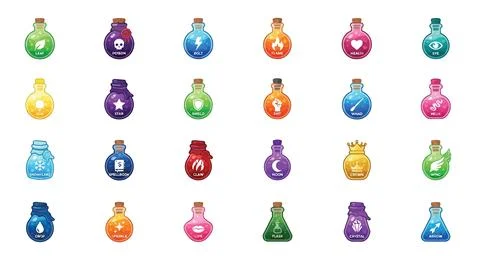 Fantasy alchemy potion bottle set with colorful liquid and magical symbols .. Stock Illustration