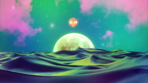 Fantasy Alien Desert Beneath Glowing Moon Orange Planet Видео 342251343