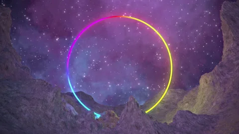 Fantasy alien landscape with neon ring 3D render animation Stock Footage 224112177