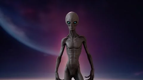 Fantasy alien looks at the camera with eye and face Stock Footage 258533269