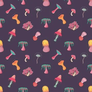 Fantasy alien mushroom seamless pattern on dark purple background. Stock Illustration