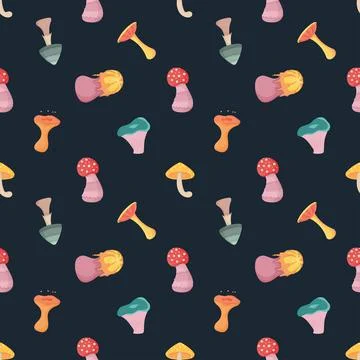 Fantasy alien mushroom seamless pattern on dark green background. 스톡 일러스트