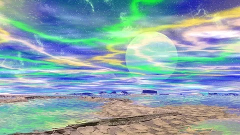 Fantasy alien planet. Mountain, and lake. Animation Stock Footage 71389332