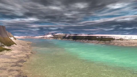 Fantasy alien planet. Mountain, and lake. Animation Stock Footage 71389619