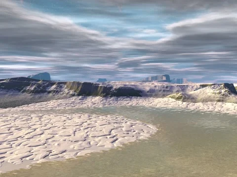 Fantasy alien planet. Mountain, and lake. Animation Stock Footage 71389760