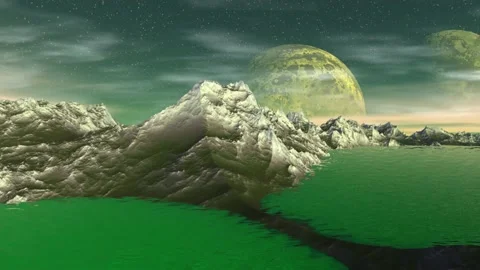 Fantasy alien planet. Mountain and water. Animation. Panorama. 4K Stock Footage 91935252