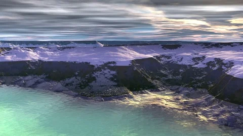 Fantasy alien planet. Mountain, lake and sunrise. Animation Stock Footage 71389250