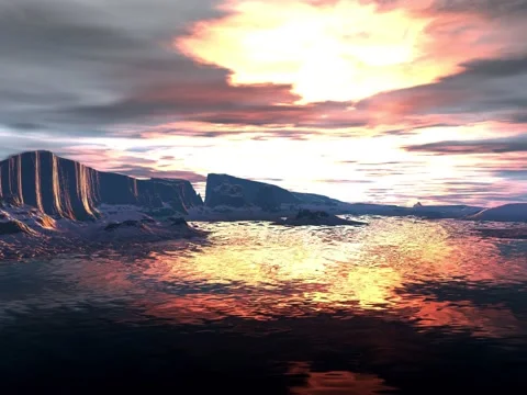 Fantasy alien planet. Mountain, lake and sunrise. Animation Stock Footage 71390075