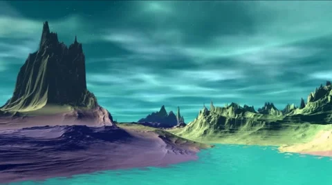 Fantasy alien planet. Rocks and lake Stock Footage 49152351