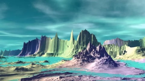 Fantasy alien planet. Rocks and lake Stock Footage 49152360