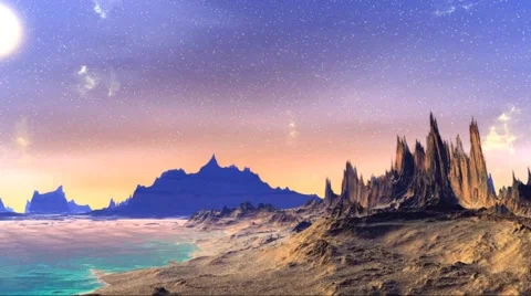 Fantasy alien planet. Rocks and lake Stock Footage 49152853