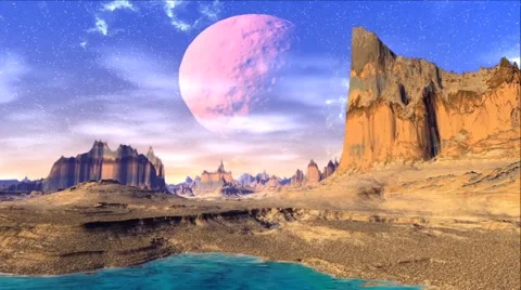 Fantasy alien planet. Rocks and  moon Stock Footage 49222446