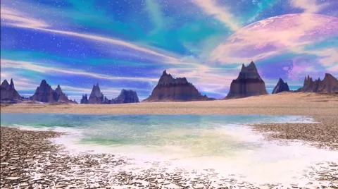 Fantasy alien planet. Rocks and lake Stock Footage 60108308