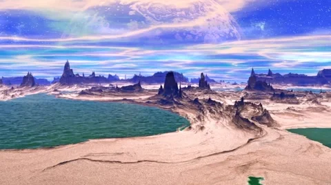 Fantasy alien planet. Rocks and lake Stock Footage 60108312