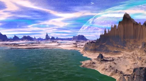 Fantasy alien planet. Rocks and lake Stock Footage 60108348