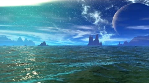 Fantasy alien planet. Rocks and lake Stock Footage