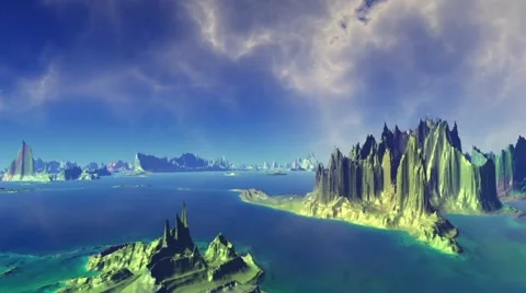 Fantasy alien planet. Rocks and lake Stock Footage 60234680