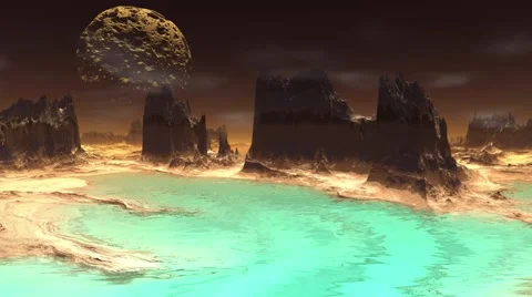 Fantasy alien planet. Rocks and lake. 4K Stock Footage 61032657