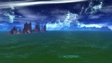 Fantasy alien planet. Rocks and lake. 4K Stock Footage 61032661