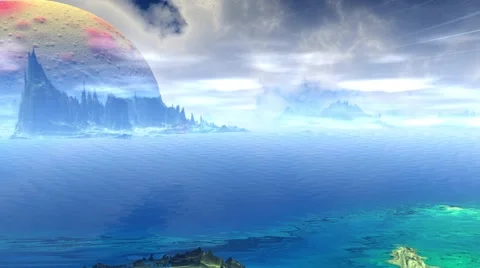 Fantasy alien planet. Rocks and lake. 3D animation 스톡 동영상 62308255