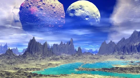 Fantasy alien planet. Rocks and lake. 3D illustration. 4K Stock Footage 63750288