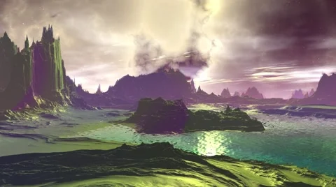 Fantasy alien planet. Rocks and lake. 3D illustration. 4K Vídeos de archivo 63750877