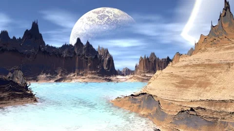 Fantasy alien planet. Rocks and lake. 3D illustration. 4K Vídeos de archivo 63754311