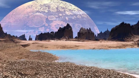 Fantasy alien planet. Rocks and lake. 3D illustration. 4K Vídeos de archivo 63763463