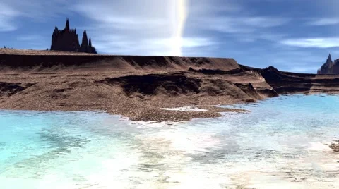 Fantasy alien planet. Rocks and lake. 3D illustration Stock Footage 63766232