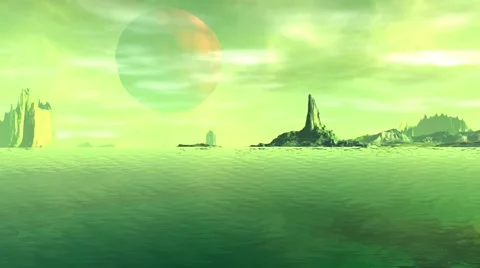Fantasy alien planet. Rocks and lake. 3d Animation. 4К Vídeos de archivo 65289004