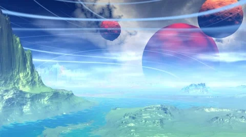 Fantasy alien planet. Rocks and lake. 3d Animation. 4К 스톡 동영상 65289010